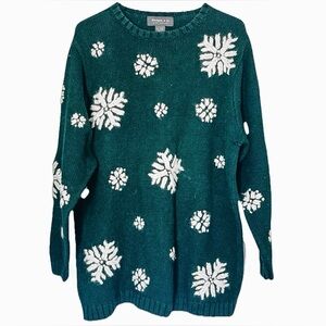 Lane Bryant Dark Green Sweater with Cream Snowflake Design Vintage